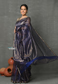 Very Much Indian Handloom Pure Cotton Silk Saree With Trendy Golden Stripes - Indigo Blue