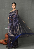 Very Much Indian Handloom Pure Cotton Silk Saree With Trendy Golden Stripes - Indigo Blue