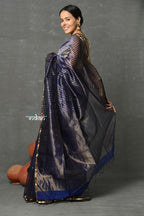 Very Much Indian Handloom Pure Cotton Silk Saree With Trendy Golden Stripes - Indigo Blue