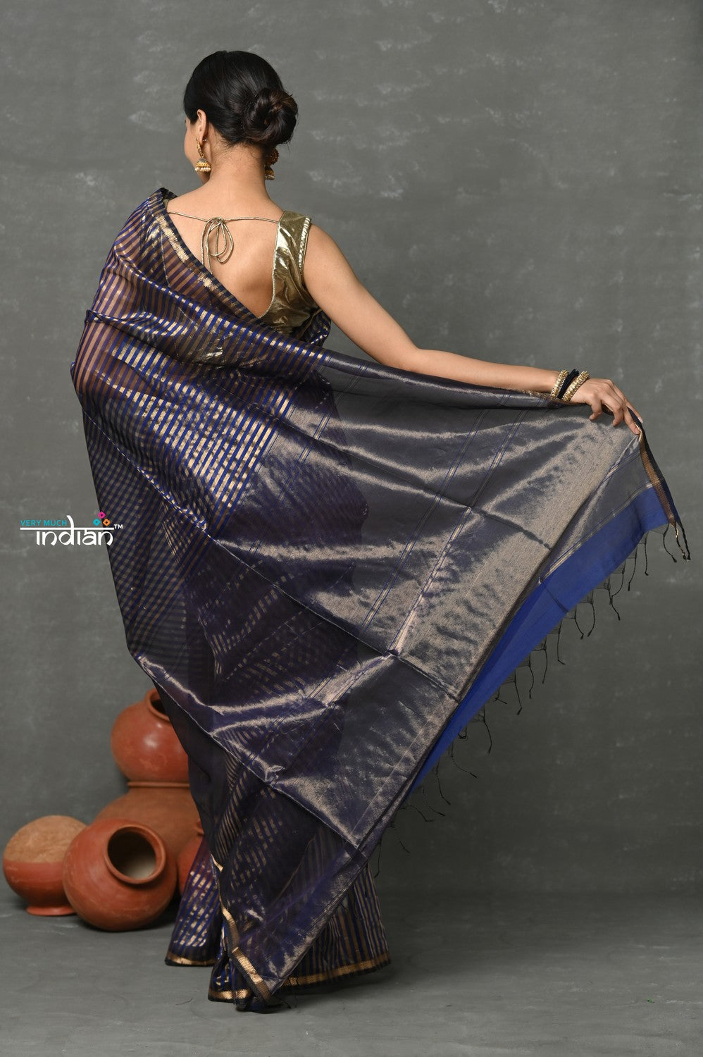 Very Much Indian Handloom Pure Cotton Silk Saree With Trendy Golden Stripes - Indigo Blue