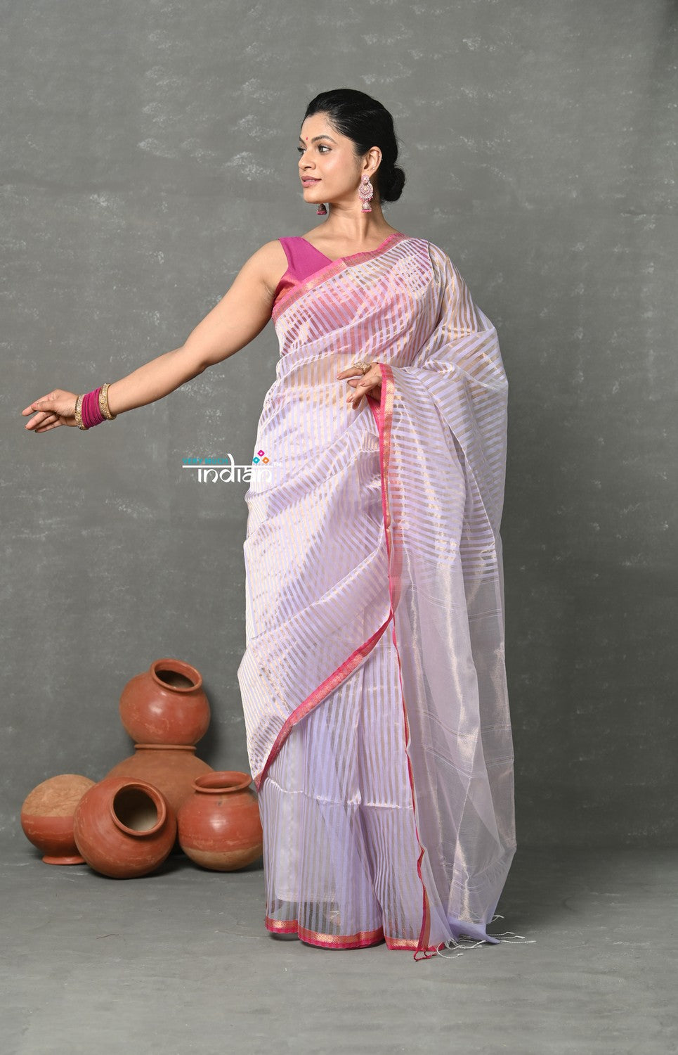 Very Much Indian Handloom Pure Cotton Silk Saree With Trendy Stripes - Pretty Lavender