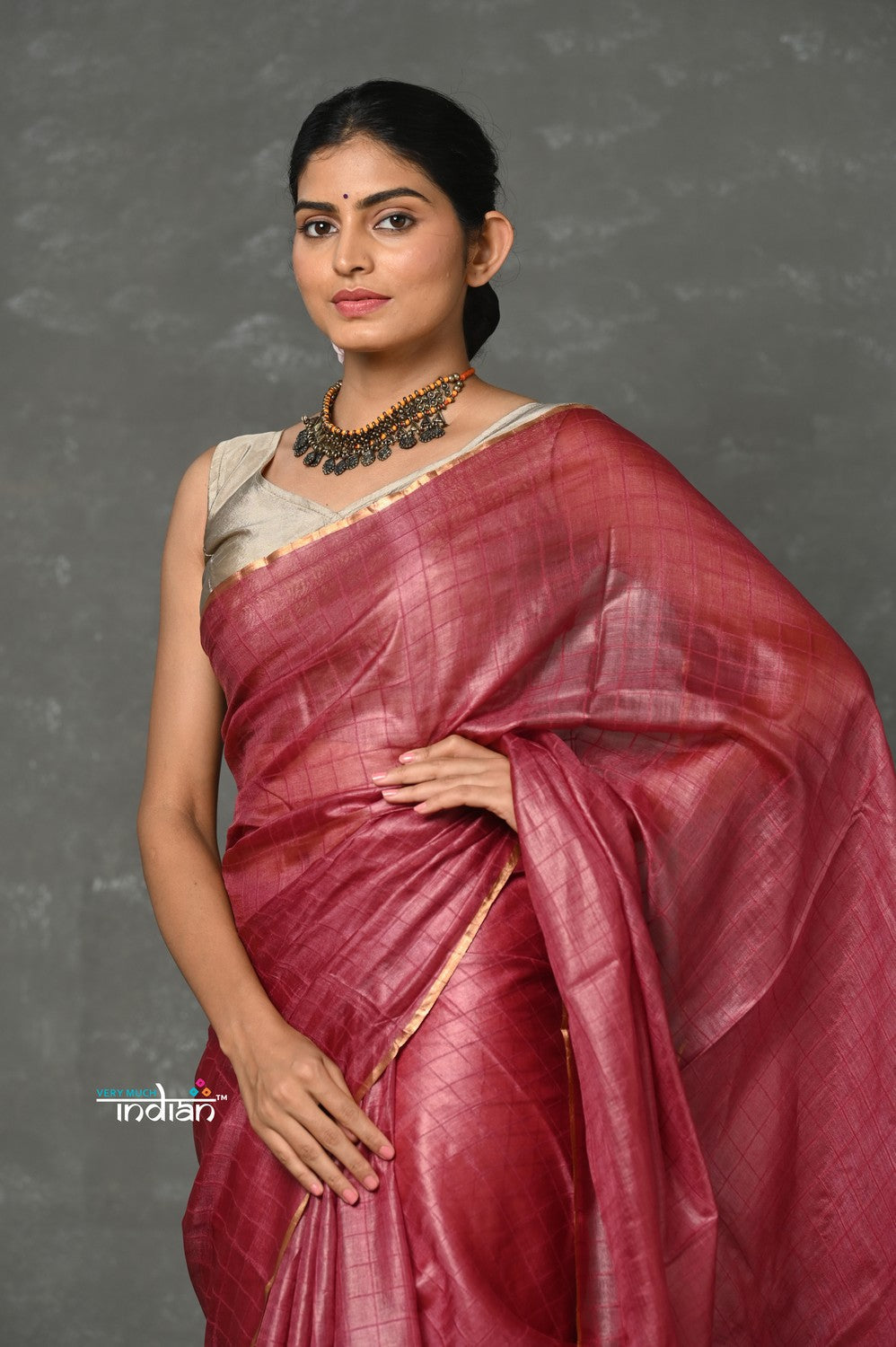 Very Much Indian Tyohaar - Pure Handloom Tussar Silk Saree With Sleek Golden Border - Copper Red