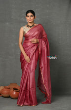 Very Much Indian Tyohaar - Pure Handloom Tussar Silk Saree With Sleek Golden Border - Copper Red