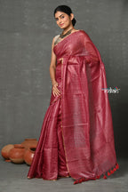 Very Much Indian Tyohaar - Pure Handloom Tussar Silk Saree With Sleek Golden Border - Copper Red