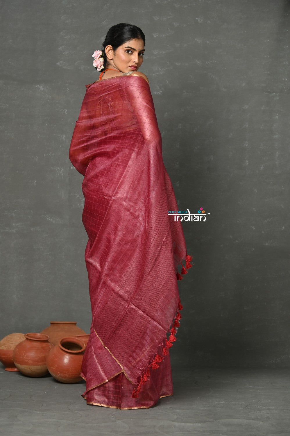 Very Much Indian Tyohaar - Pure Handloom Tussar Silk Saree With Sleek Golden Border - Copper Red