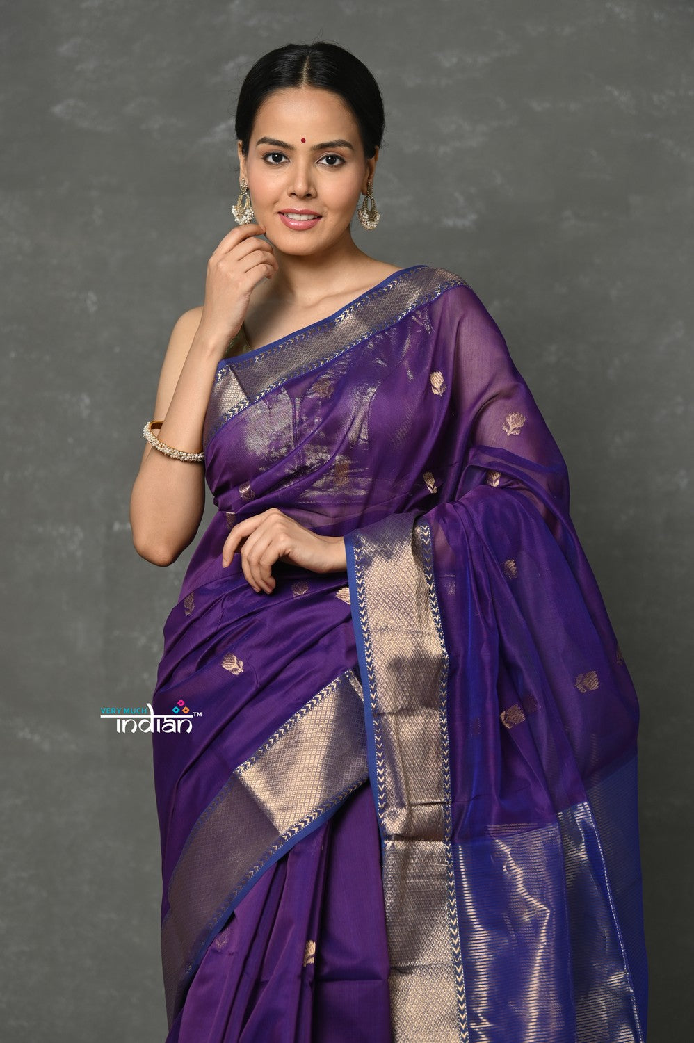 Very Much Indian Tyohaar - Handloom Pure Cotton Silk Saree With Golden Border - Violet