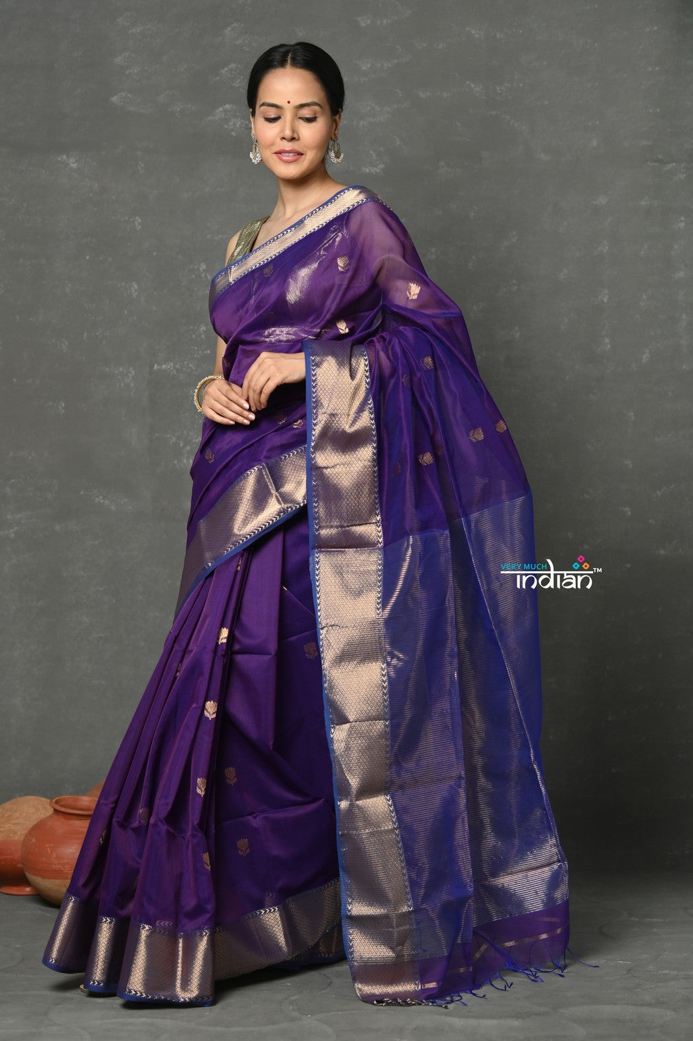 Very Much Indian Tyohaar - Handloom Pure Cotton Silk Saree With Golden Border - Violet