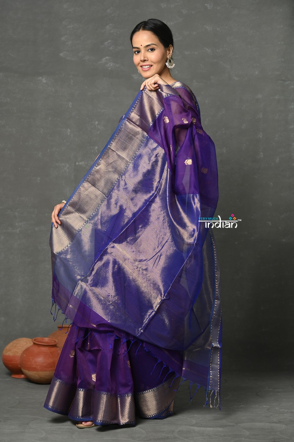 Very Much Indian Tyohaar - Handloom Pure Cotton Silk Saree With Golden Border - Violet