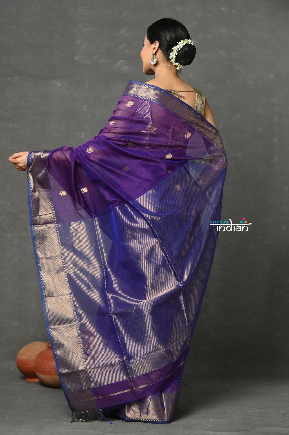 Very Much Indian Tyohaar - Handloom Pure Cotton Silk Saree With Golden Border - Violet
