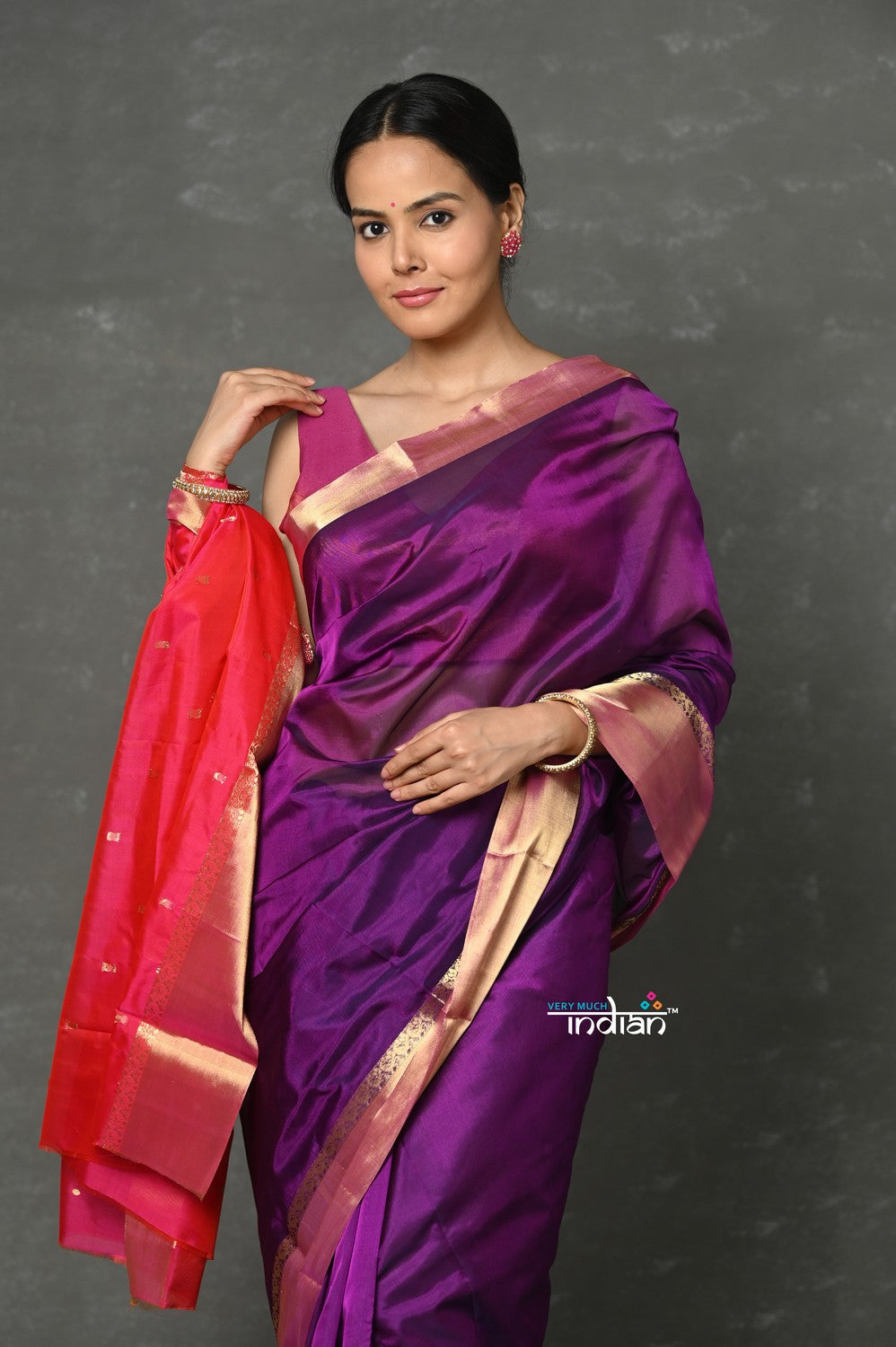 Very Much Indian Handloom Pure Cotton Silk Saree With Golden Border - Purple Pink