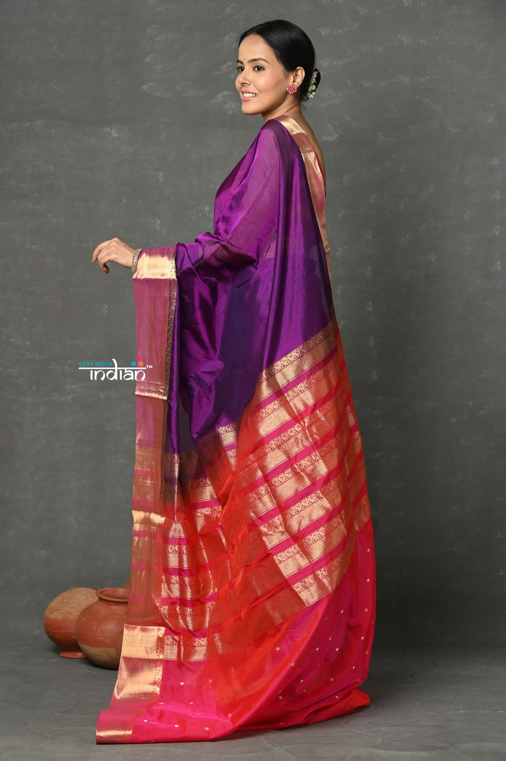 Very Much Indian Handloom Pure Cotton Silk Saree With Golden Border - Purple Pink