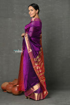 Very Much Indian Handloom Pure Cotton Silk Saree With Golden Border - Purple Pink