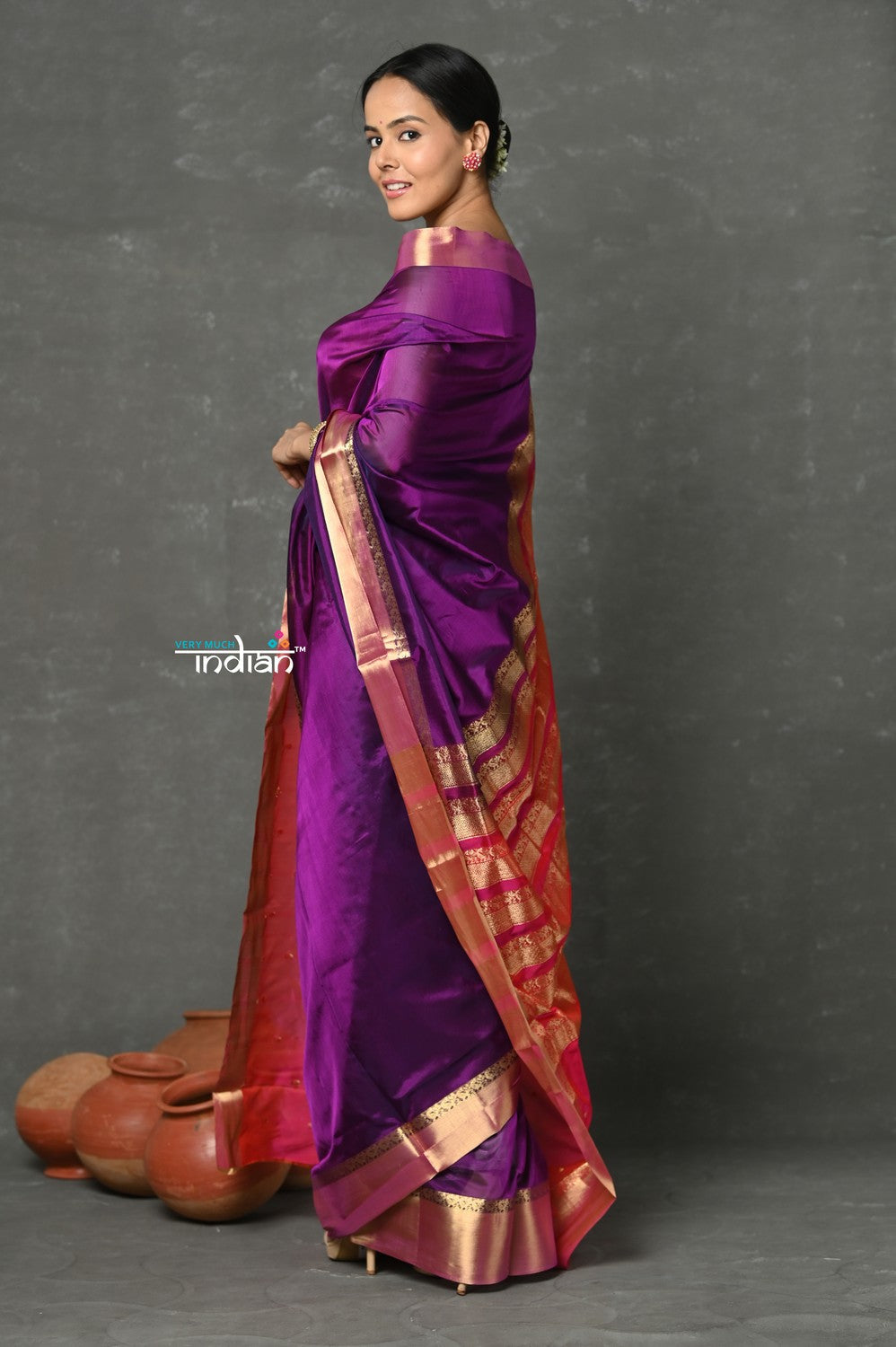 Very Much Indian Tyohaar - Handloom Pure Chanderi Cotton Silk Saree With Golden Border - Purple Pink