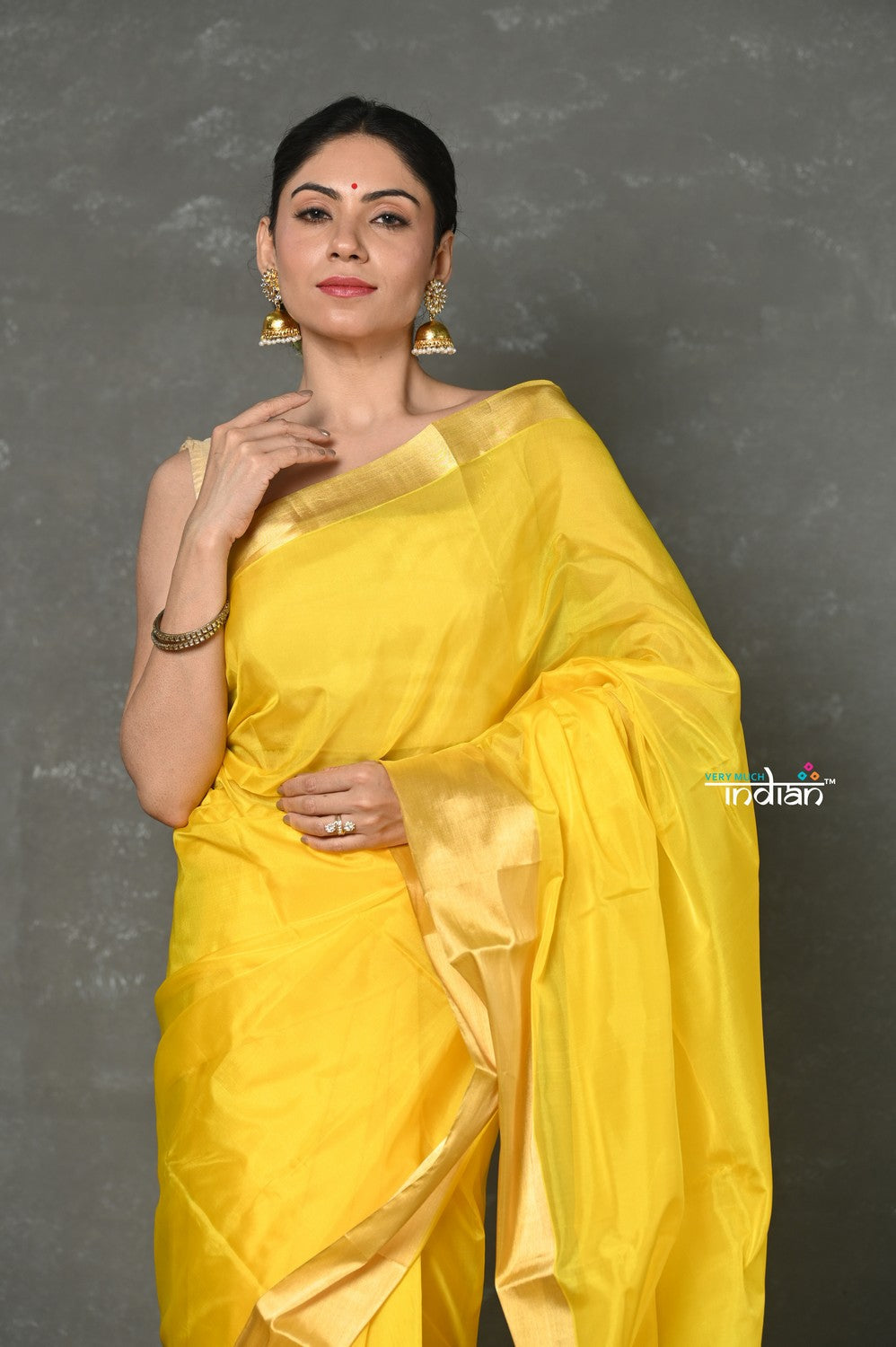 Very Much Indian Handloom Pure Cotton Silk Saree With Golden Border - Yellow - Distacart