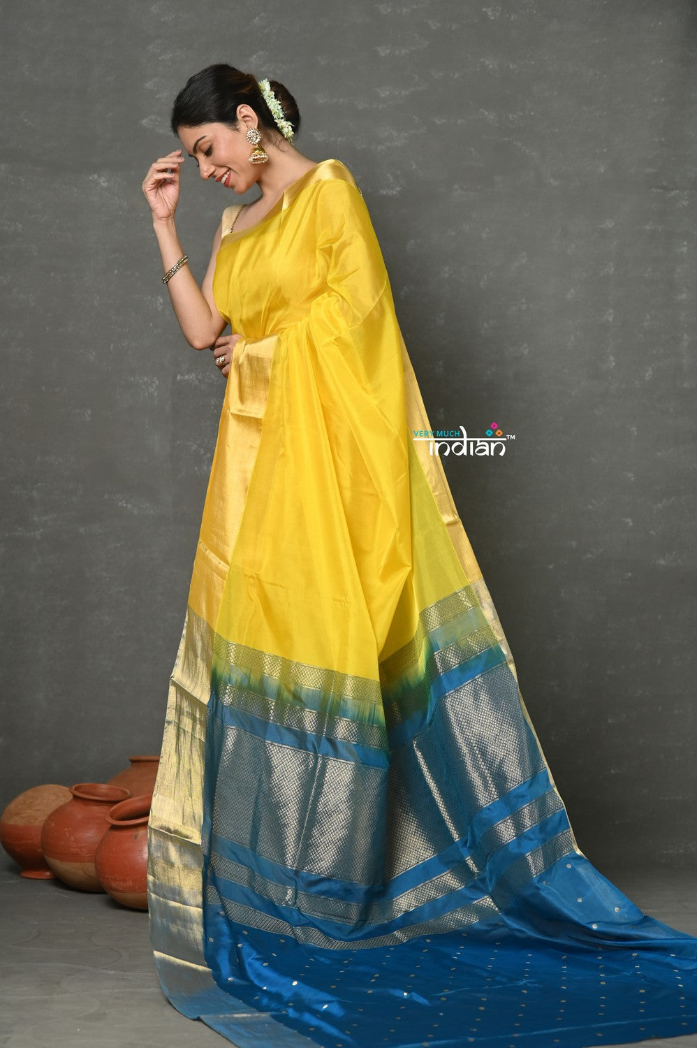 Very Much Indian Handloom Pure Cotton Silk Saree With Golden Border - Yellow - Distacart