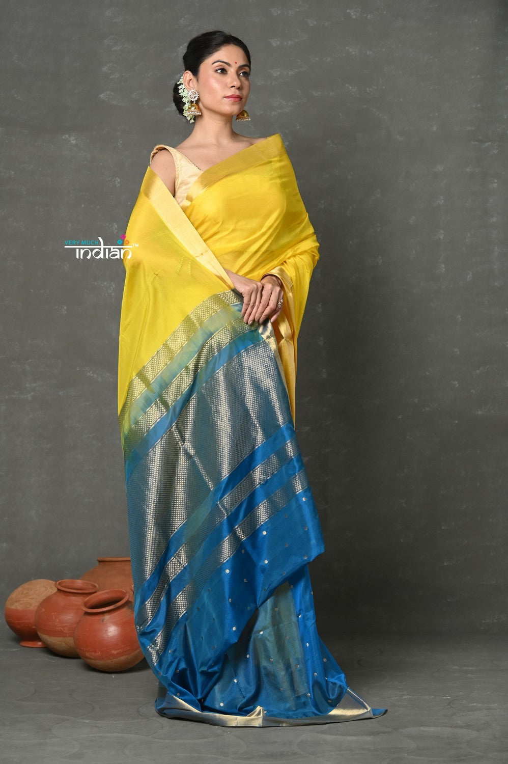 Very Much Indian Handloom Pure Cotton Silk Saree With Golden Border - Yellow - Distacart