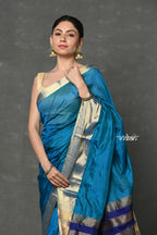 Very Much Indian Handloom Pure Cotton Silk Saree With Golden Border - Blue
