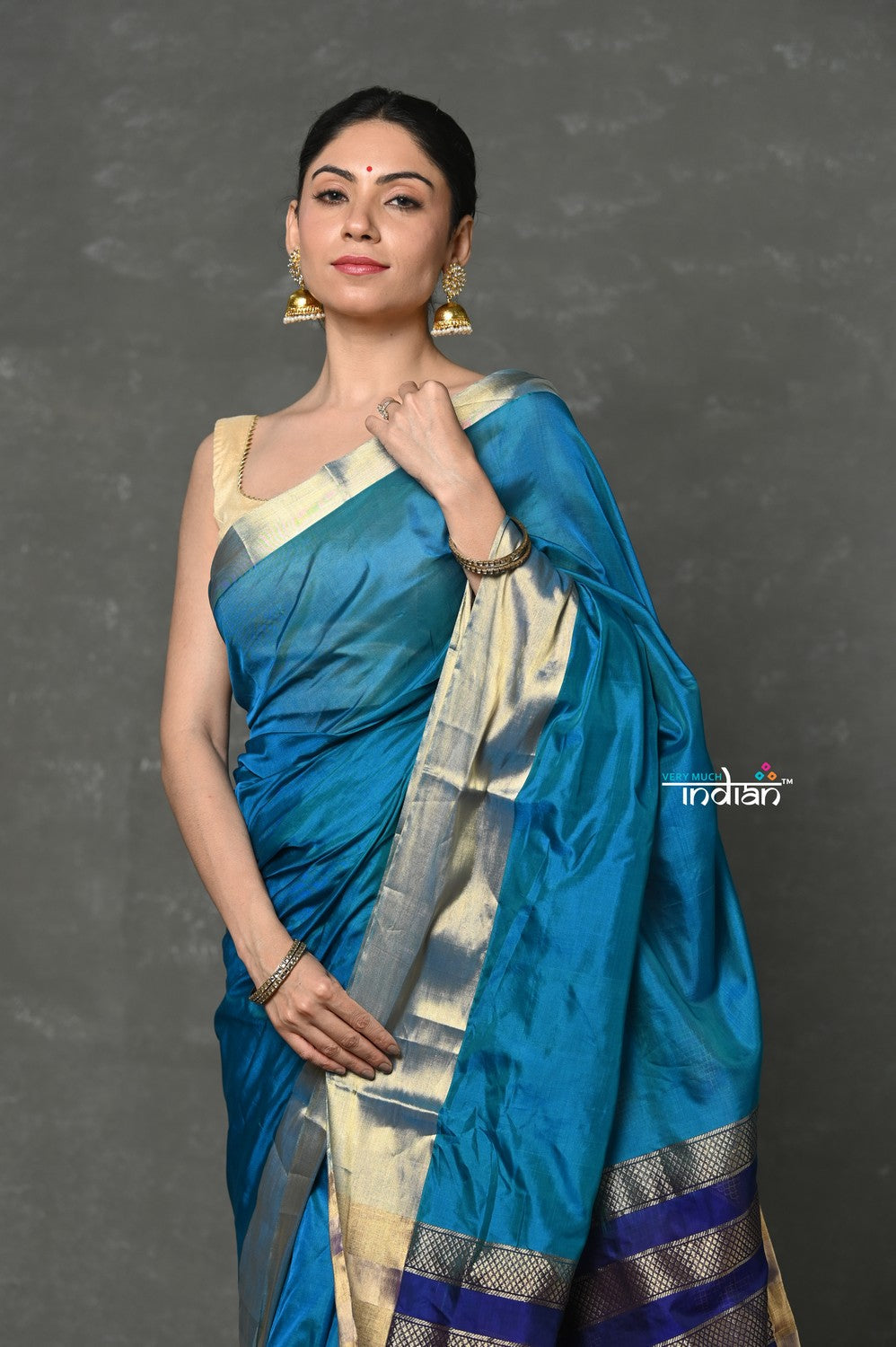 Very Much Indian Tyohaar - Handloom Pure Chanderi Cotton Silk Saree With Golden Border - Blue