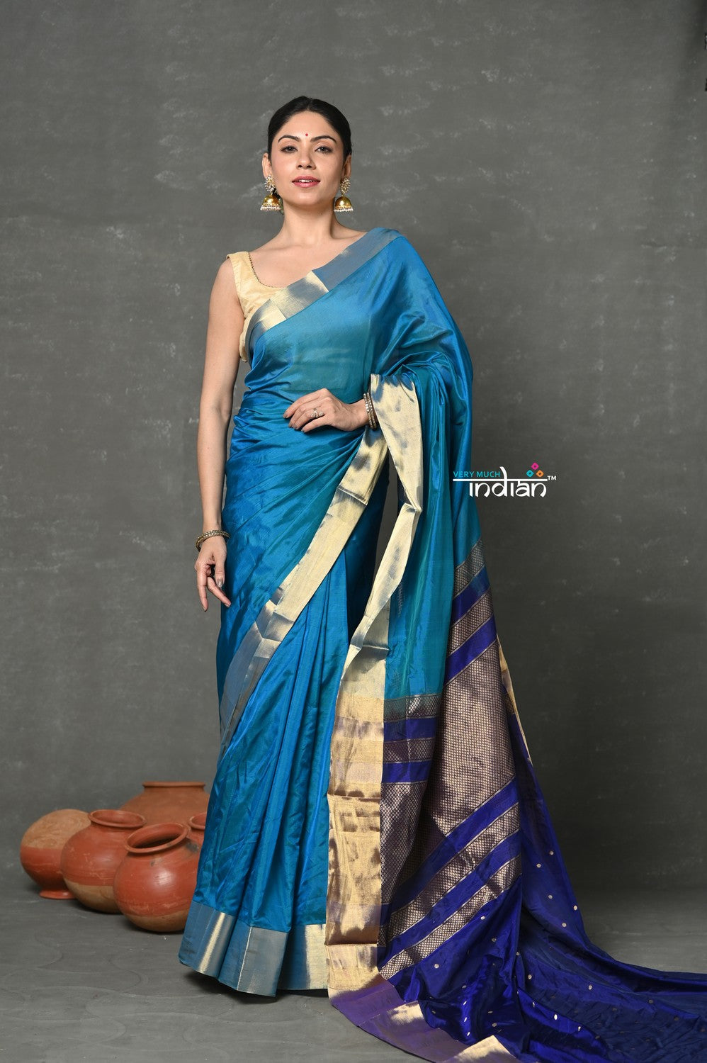 Very Much Indian Handloom Pure Cotton Silk Saree With Golden Border - Blue