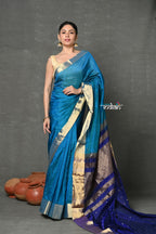 Very Much Indian Handloom Pure Cotton Silk Saree With Golden Border - Blue