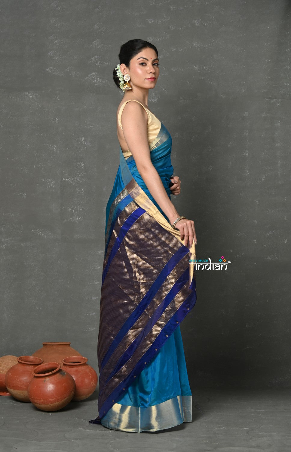 Very Much Indian Handloom Pure Cotton Silk Saree With Golden Border - Blue
