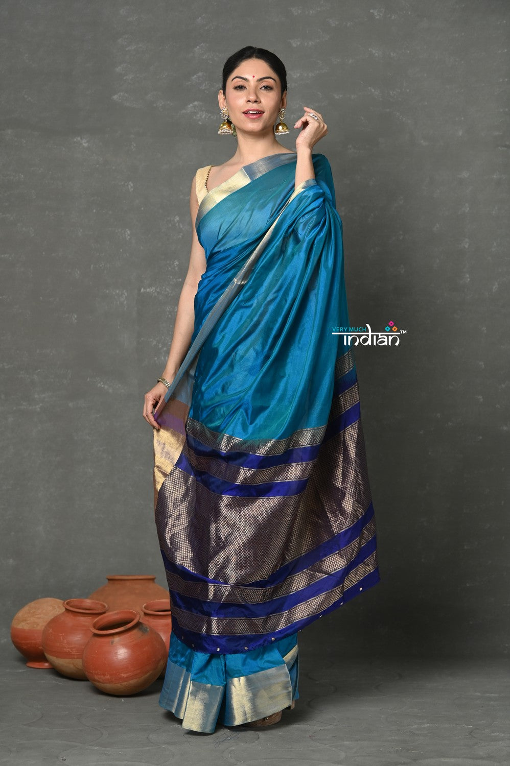 Very Much Indian Tyohaar - Handloom Pure Chanderi Cotton Silk Saree With Golden Border - Blue