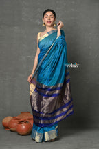 Very Much Indian Tyohaar - Handloom Pure Chanderi Cotton Silk Saree With Golden Border - Blue