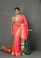 Very Much Indian Handloom Pure Cotton Silk Saree With Golden Border - Pink