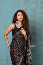 Very Much Indian Handloom Modal Silk Saree With Ajrakh Handblock Print With Eco-Friendly Vegetable Dye- Black Hue