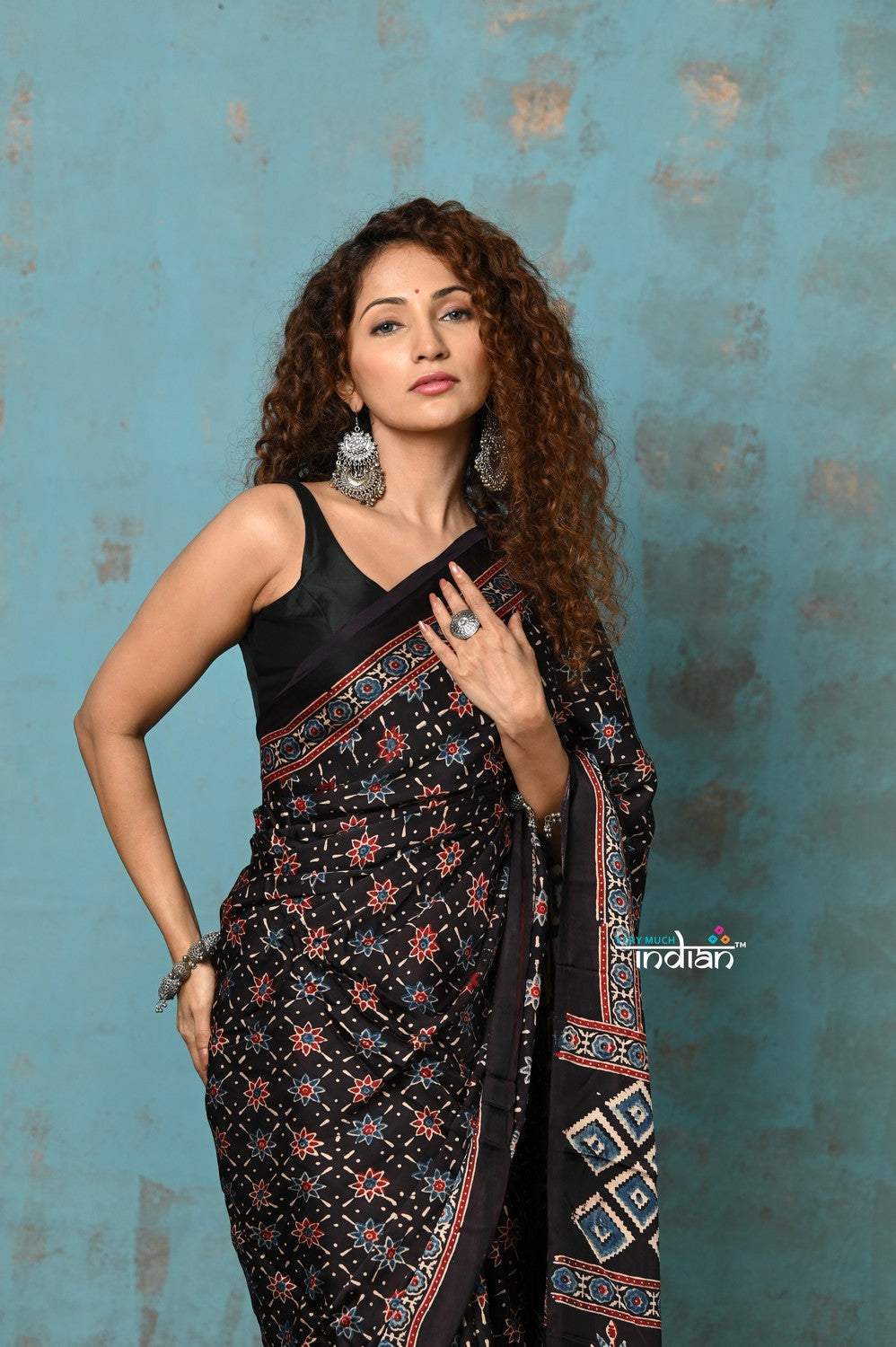 Very Much Indian Handloom Modal Silk Saree With Ajrakh Handblock Print With Eco-Friendly Vegetable Dye- Black Hue