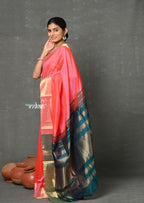 Very Much Indian Handloom Pure Cotton Silk Saree With Golden Border - Pink