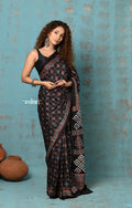 Very Much Indian Handloom Modal Silk Saree With Ajrakh Handblock Print With Eco-Friendly Vegetable Dye- Black Hue