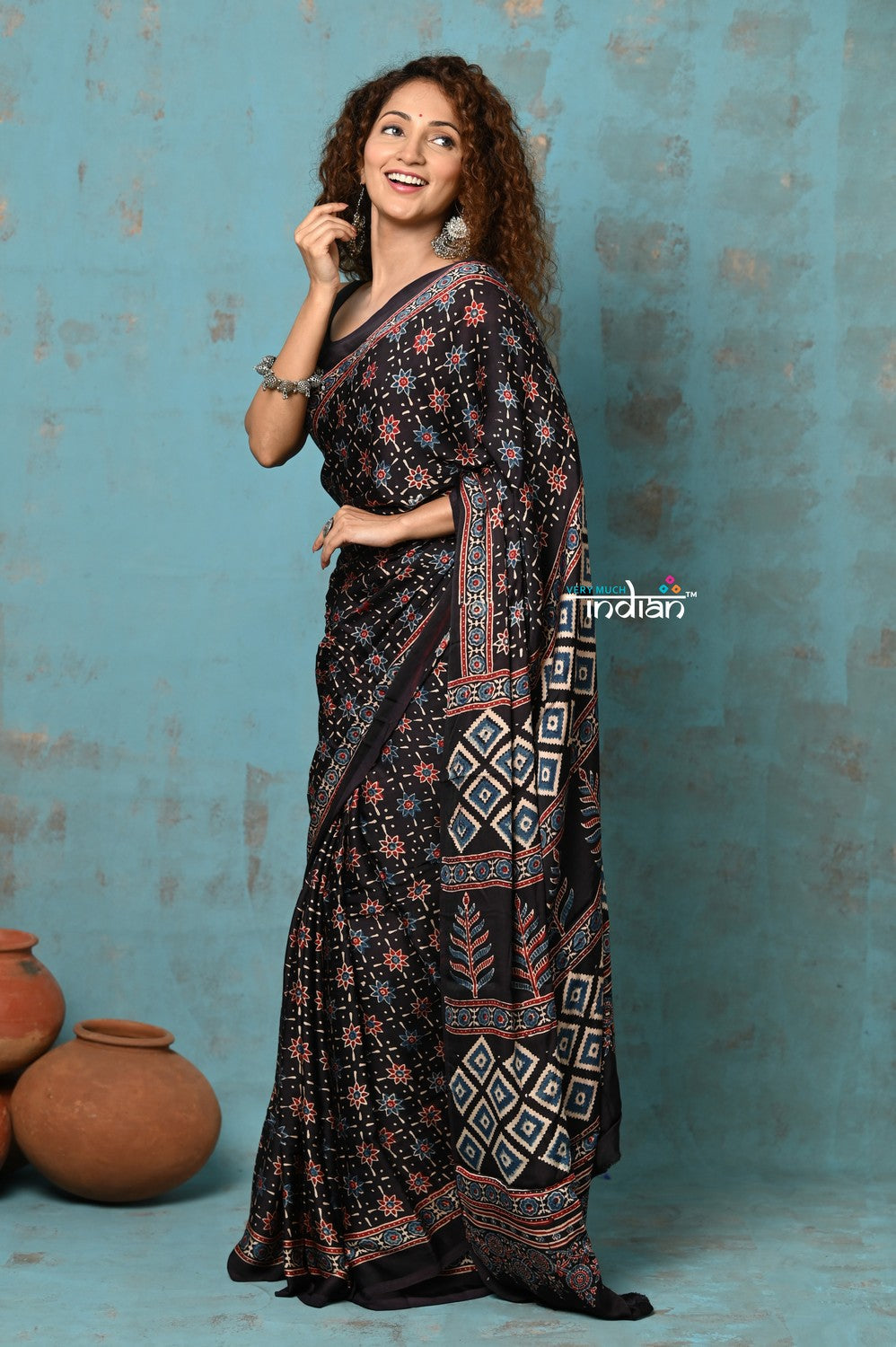 Very Much Indian Handloom Modal Silk Saree With Ajrakh Handblock Print With Eco-Friendly Vegetable Dye- Black Hue