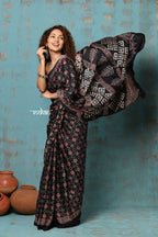 Very Much Indian Handloom Modal Silk Saree With Ajrakh Handblock Print With Eco-Friendly Vegetable Dye- Black Hue