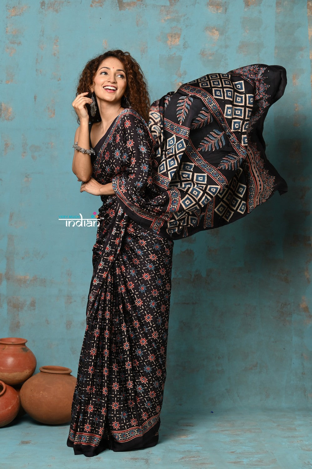 Very Much Indian Handloom Modal Silk Saree With Ajrakh Handblock Print With Eco-Friendly Vegetable Dye- Black Hue
