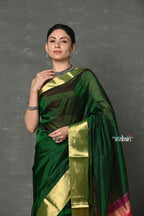 Very Much Indian Handloom Pure Cotton Silk Saree With Golden Border - Green