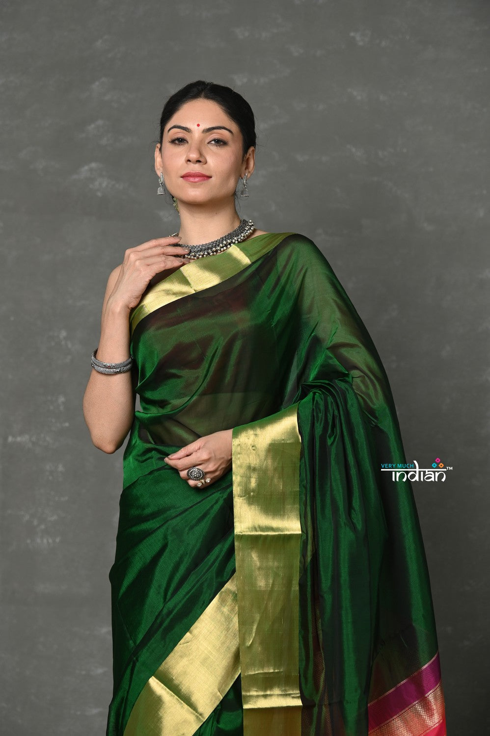 Very Much Indian Handloom Pure Cotton Silk Saree With Golden Border - Green