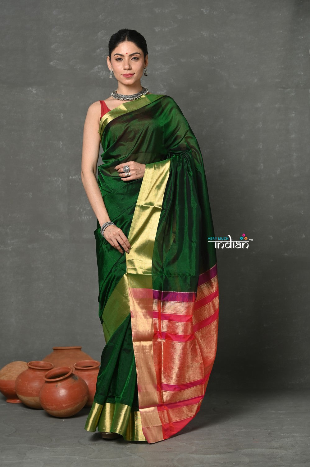 Very Much Indian Handloom Pure Cotton Silk Saree With Golden Border - Green