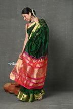 Very Much Indian Handloom Pure Cotton Silk Saree With Golden Border - Green