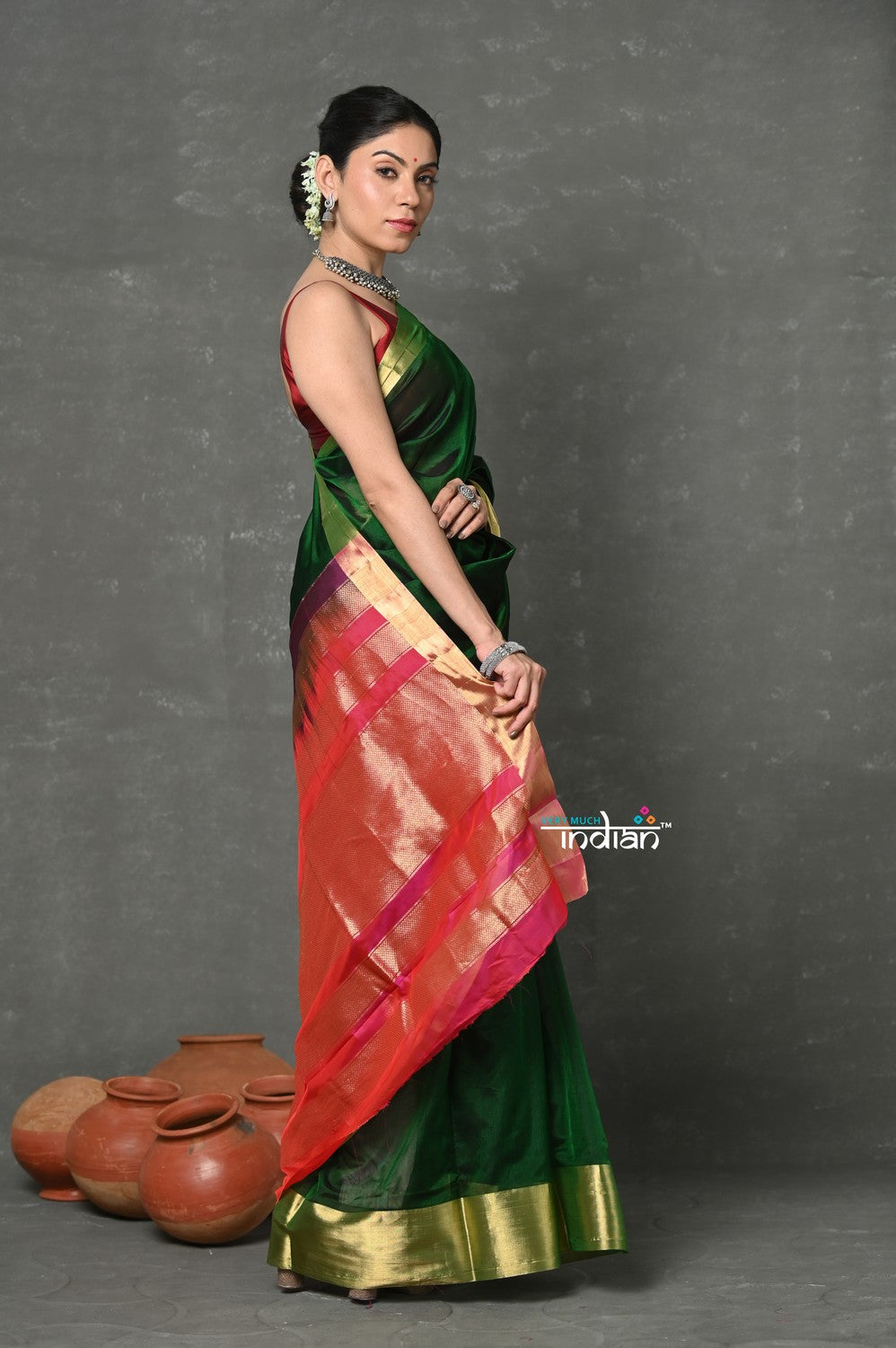 Very Much Indian Handloom Pure Cotton Silk Saree With Golden Border - Green