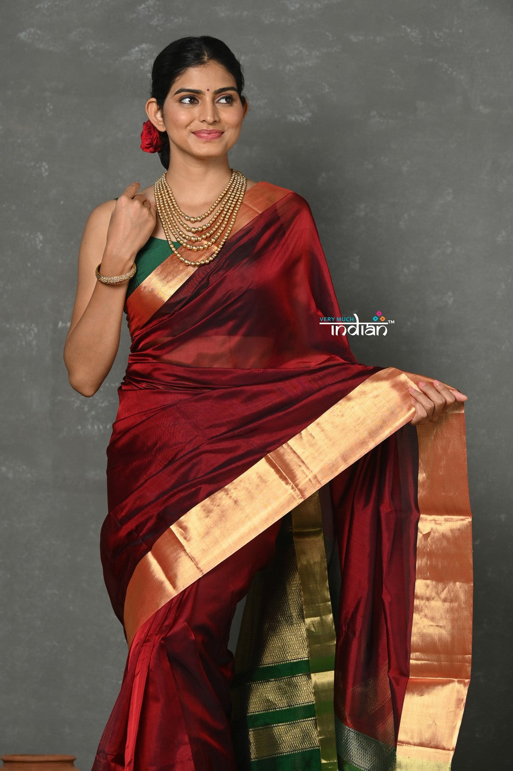 Very Much Indian Handloom Pure Cotton Silk Saree With Golden Border - Maroon