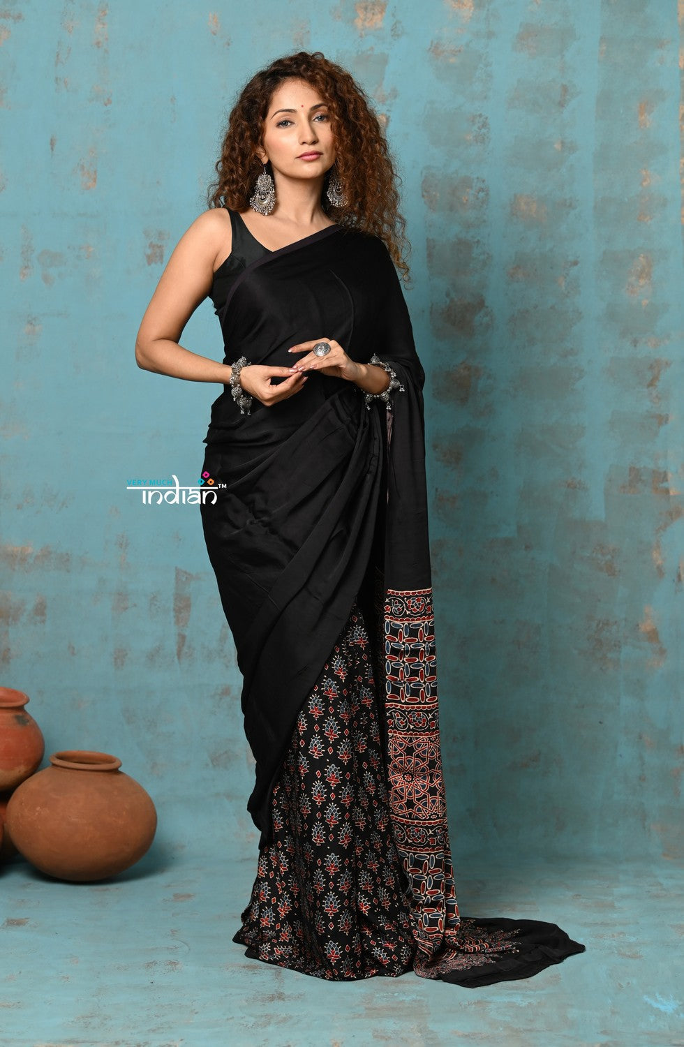 Very Much Indian Handloom Modal Silk Saree With Ajrakh Handblock Print With Eco-Friendly Vegetable Dye - Serene Black