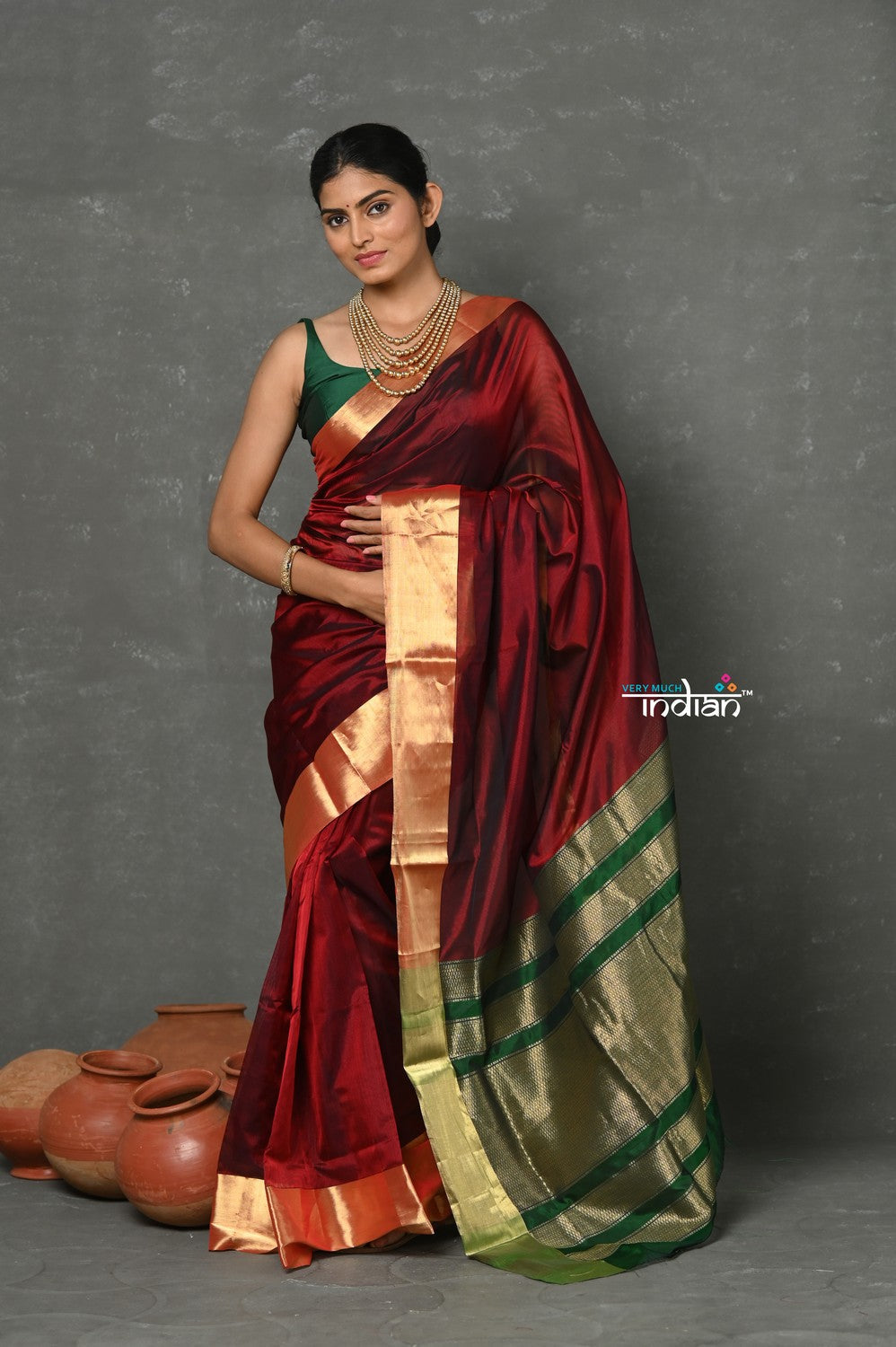 Very Much Indian Tyohaar - Handloom Pure Chanderi Cotton Silk Saree With Golden Border - Maroon