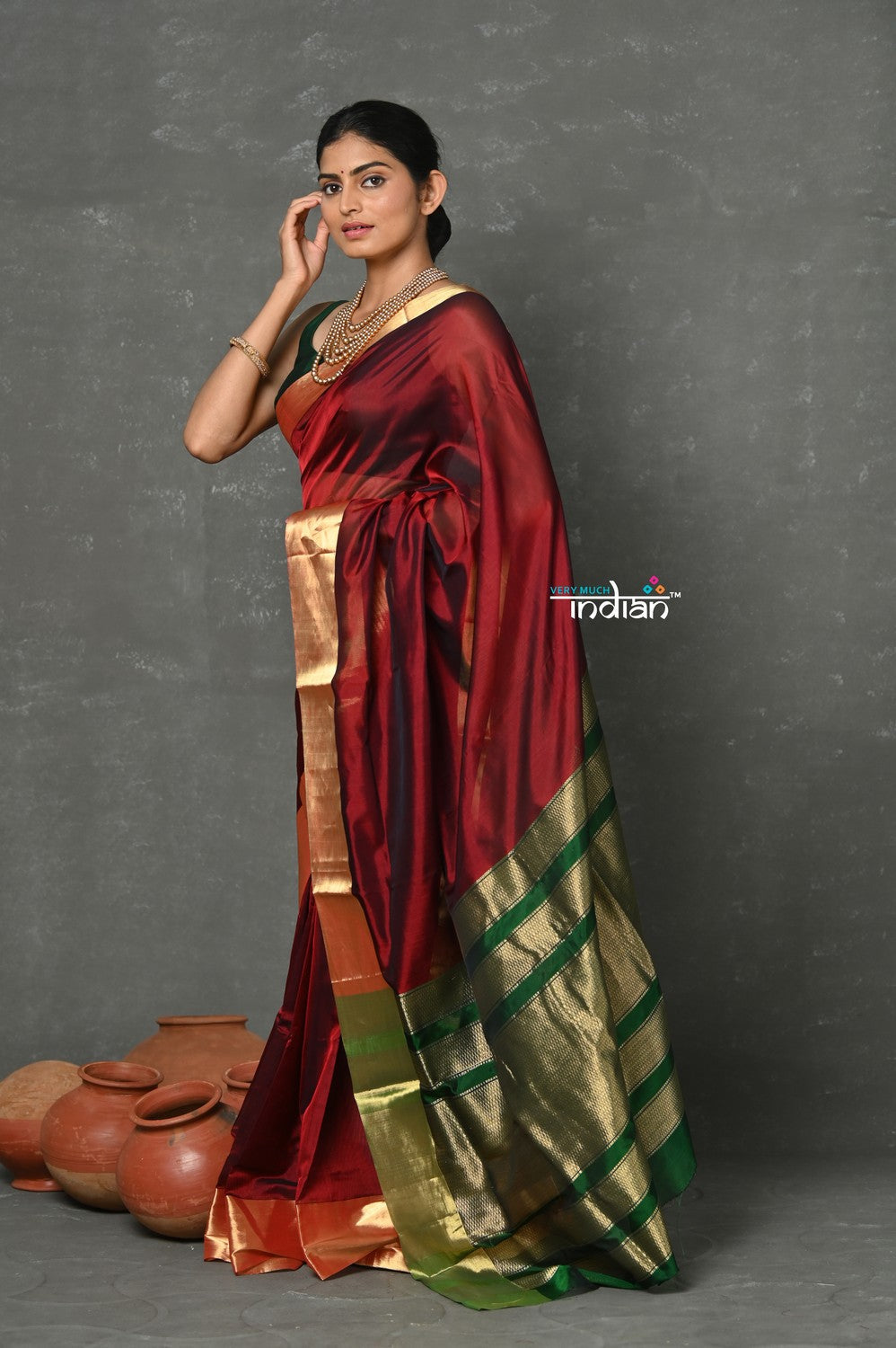 Very Much Indian Handloom Pure Cotton Silk Saree With Golden Border - Maroon