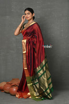 Very Much Indian Handloom Pure Cotton Silk Saree With Golden Border - Maroon