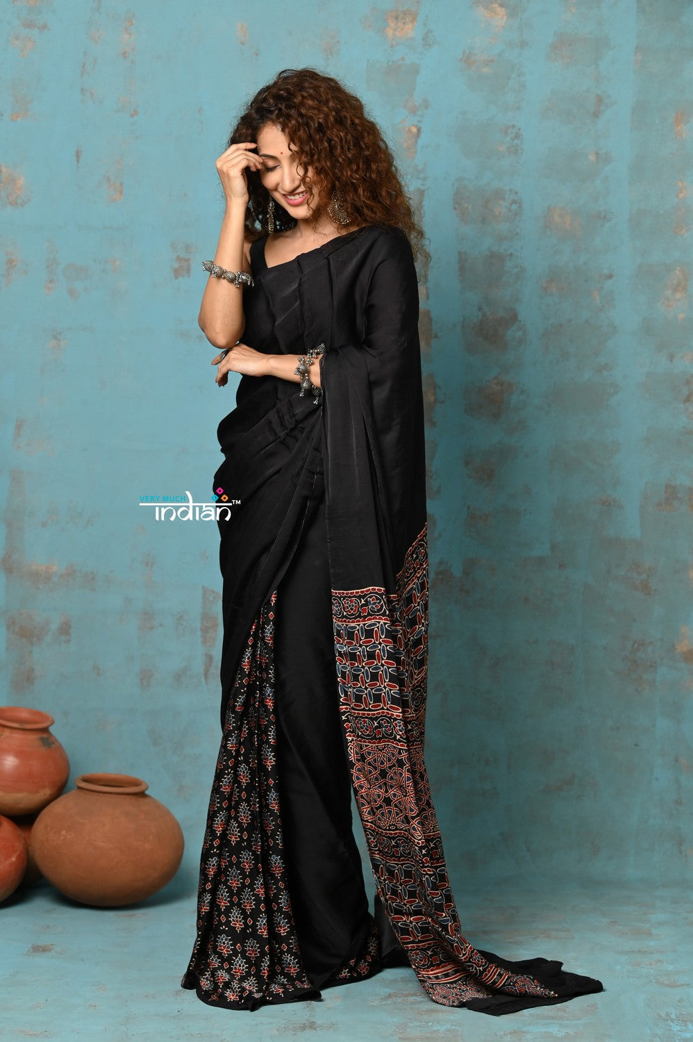 Very Much Indian Handloom Modal Silk Saree With Ajrakh Handblock Print With Eco-Friendly Vegetable Dye - Serene Black