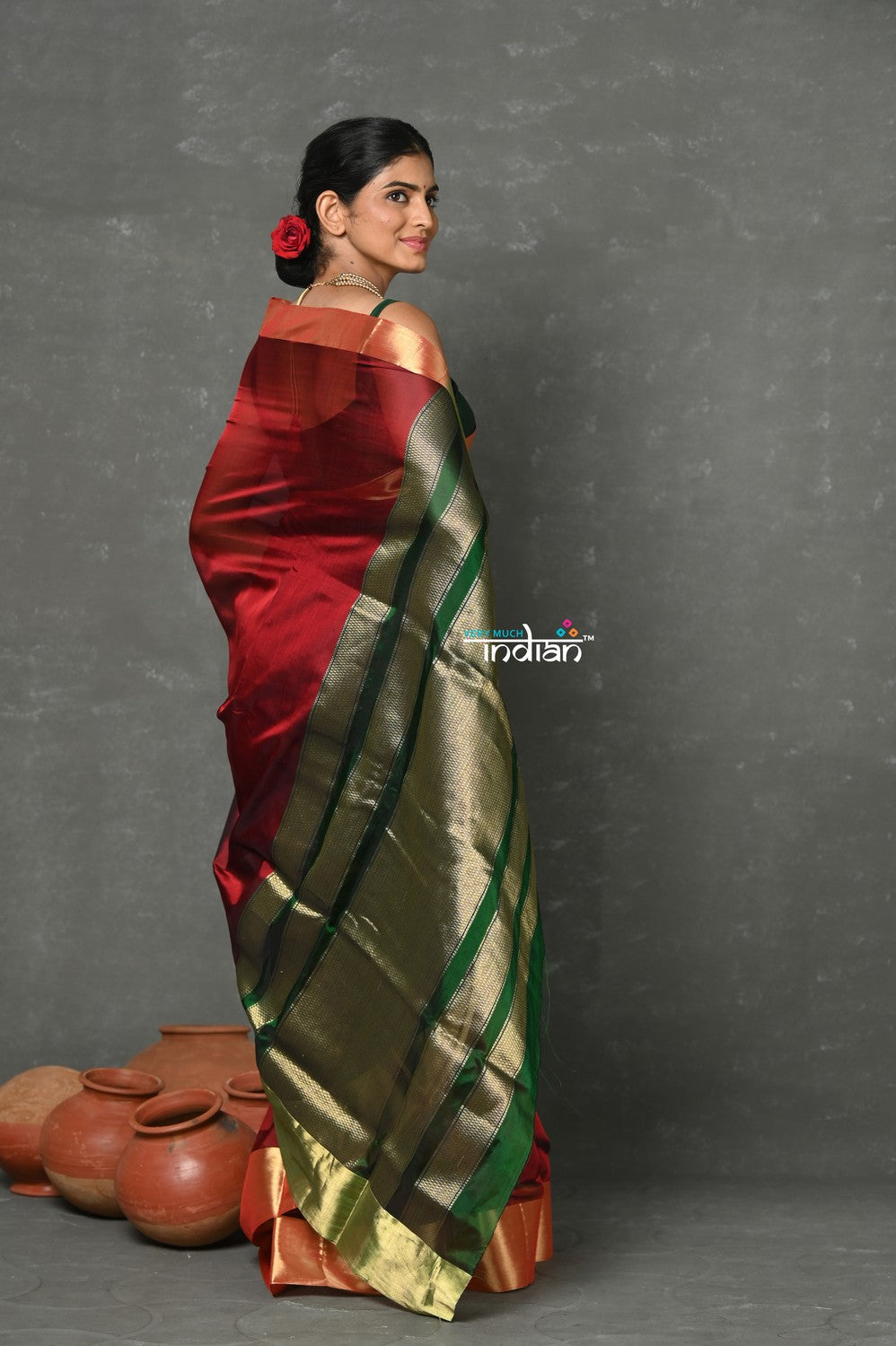 Very Much Indian Handloom Pure Cotton Silk Saree With Golden Border - Maroon