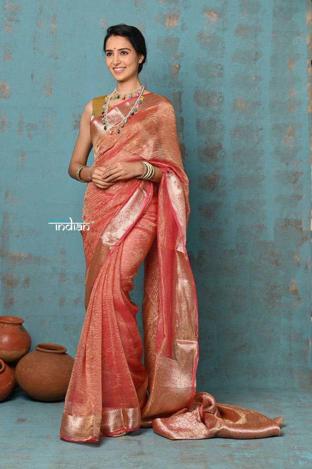 Very Much Indian Tyohaar - Exclusive! Banarasi Handloom Crushed - Pure Tissue Silk Saree - Serene Peachy Orange (Silk Mark Certified)