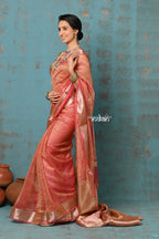 Very Much Indian Tyohaar - Exclusive! Banarasi Handloom Crushed - Pure Tissue Silk Saree - Serene Peachy Orange (Silk Mark Certified)
