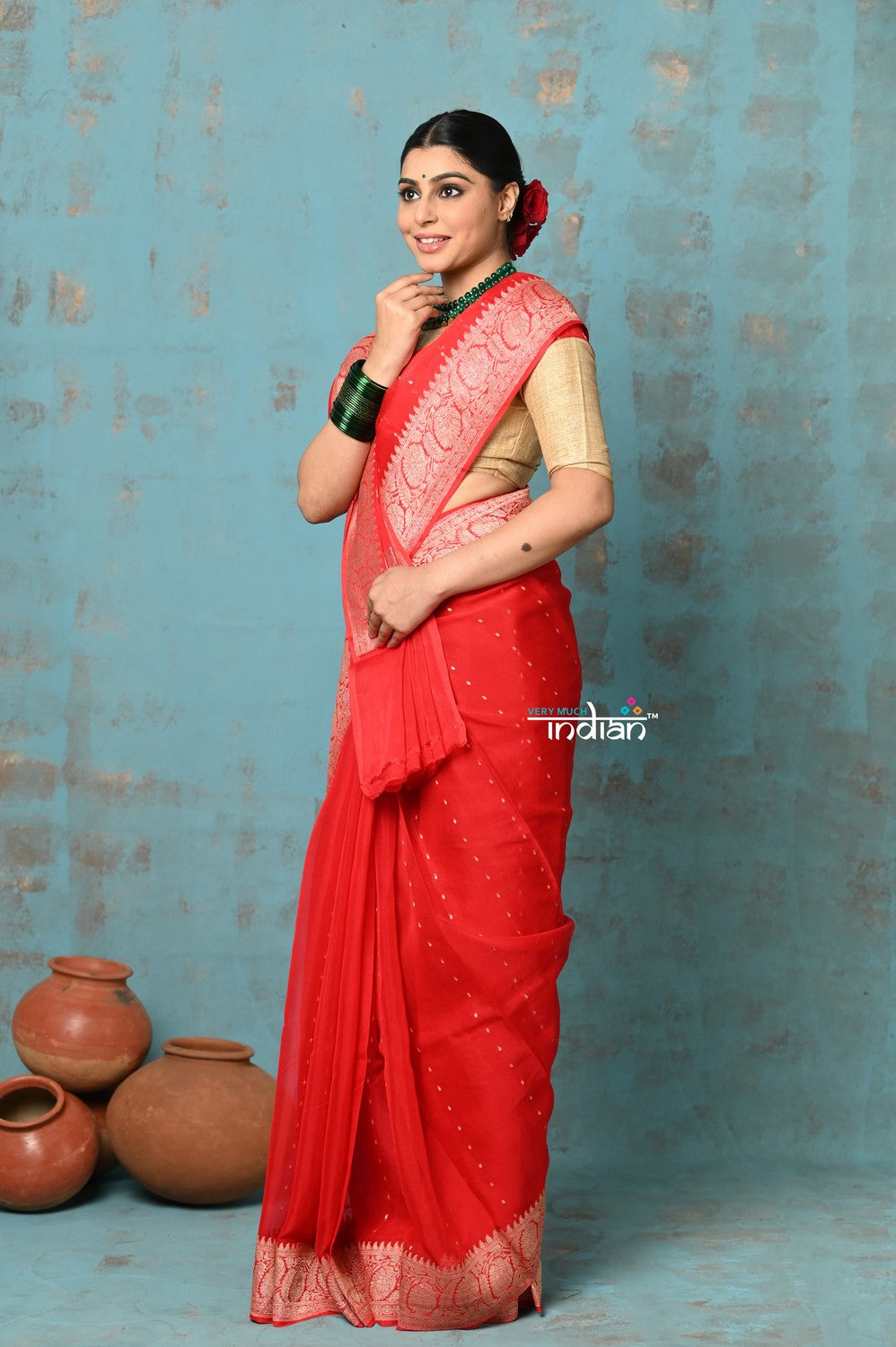 Very Much Indian Suhaani - Handloom Khaddi Georgette Saree With Sleek Border - Red (Silk Mark)